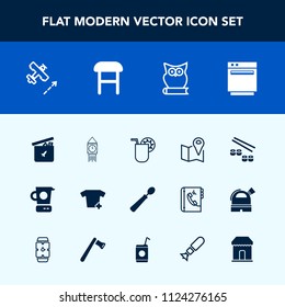 Modern, simple vector icon set with flight, oven, cooking, clothing, chair, airplane, cocktail, dinner, aircraft, travel, london, stove, sushi, ben, ball, juice, salmon, pin, fish, toy, owl, big icons