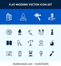 Modern, simple vector icon set with equipment, female, risk, real, justice, pole, tree, casino, technology, building, high, life, field, business, estate, oxygen, seedling, research, law, game icons
