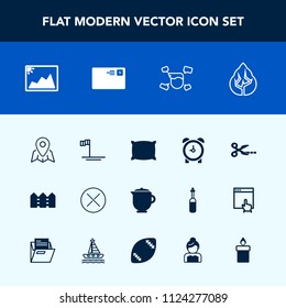 Modern, simple vector icon set with bed, breakfast, pin, boy, forest, landscape, man, close, tool, photo, tea, mexico, communication, male, beach, mail, alarm, environment, clock, home, travel icons