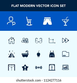 Modern, simple vector icon set with account, adventure, business, toilet, power, audio, web, outdoor, computer, search, glasses, rewind, house, fashion, real, energy, cocktail, internet, button icons