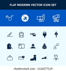Modern, simple vector icon set with space, exploration, retro, leather, fork, flight, object, surgery, snorkel, sea, fashion, mask, restaurant, mark, astronaut, bugle, gramophone, style, jazz icons