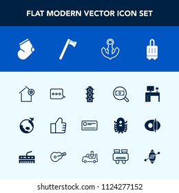 Modern, simple vector icon set with house, home, traffic, sea, bag, internet, wrench, green, safety, ship, apartment, winter, cheque, flight, clothes, payment, equipment, baggage, office, travel icons