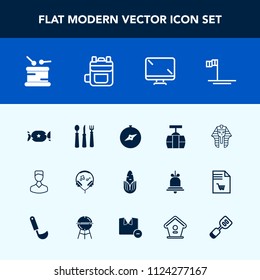 Modern, simple vector icon set with monitor, car, musical, drum, profile, beach, ocean, corn, food, vegetable, fork, healthy, train, mexico, north, egypt, rucksack, egyptian, map, business, sky icons