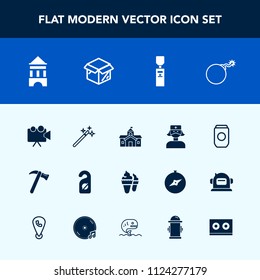 Modern, simple vector icon set with wand, wizard, spanner, magic, equipment, health, architecture, tower, magician, building, tin, government, weapon, cream, nuclear, food, war, projector, hotel icons