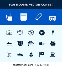 Modern, simple vector icon set with office, paper, stove, light, plane, file, business, media, kit, label, box, sign, airport, lamp, aid, piglet, cross, street, discount, pencil, work, video icons