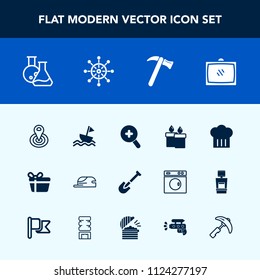 Modern, simple vector icon set with rudder, location, sail, laboratory, wrench, cycle, candle, nautical, fashion, present, box, home, industry, celebration, restaurant, gift, entertainment, room icons