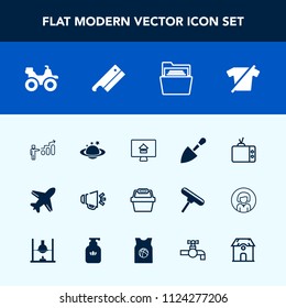 Modern, simple vector icon set with flight, quad, folder, airplane, success, aircraft, nature, progress, globe, store, television, sound, development, road, house, loud, planet, paper, video, tv icons