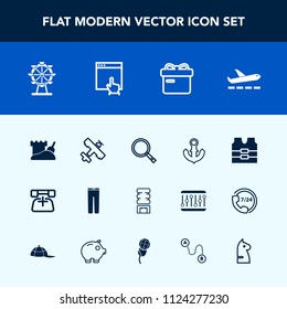 Modern, simple vector icon set with communication, travel, drink, present, fashion, sand, tower, ship, flight, cold, trousers, aircraft, nautical, carousel, boat, web, white, safety, vest, box icons