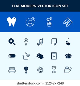 Modern, simple vector icon set with spoon, growth, healthy, meal, dental, map, soup, business, search, price, home, musical, turn, study, education, clothes, sale, food, landlord, pin, discount icons