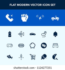 Modern, simple vector icon set with drink, location, ring, button, fish, aircraft, bell, concept, travel, uniform, navigation, energy, airplane, plane, human, hand, car, move, sign, sea, ecology icons