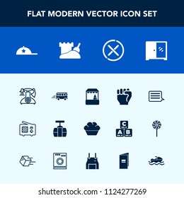 Modern, simple vector icon set with car, doughnut, bus, sky, headwear, market, train, shop, hat, grocery, stop, clothing, road, signal, supermarket, hand, concept, finger, message, radio, home icons