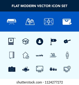 Modern, simple vector icon set with book, musical, notebook, package, guitar, air, delivery, page, home, pitch, unpacking, pin, well, new, sale, box, sign, add, finance, truck, human, old, paper icons