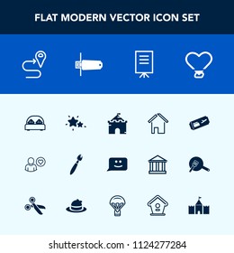 Modern, simple vector icon set with ticket, meeting, birdhouse, furniture, nature, estate, tower, profile, flash, road, home, memory, business, double, heart, sky, air, love, people, flight, map icons