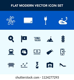 Modern, simple vector icon set with eiffel, blue, paris, bank, coin, rail, national, element, flag, blackboard, alcohol, glass, light, people, traffic, team, train, group, money, lamp, nation icons