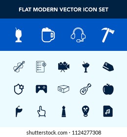 Modern, simple vector icon set with cello, support, tag, hammer, music, call, checklist, sale, drawer, cup, mug, restaurant, glass, alcohol, equipment, video, document, price, spanner, internet icons