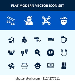 Modern, simple vector icon set with girl, young, hair, salmon, drone, japanese, care, camera, lady, summer, female, cafe, control, bug, sport, sushi, air, fresh, zoom, conditioning, fashion, mug icons
