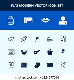 Modern, simple vector icon set with music, object, clean, aviation, analytics, health, food, contact, destination, social, crab, website, travel, human, seafood, fresh, girl, magic, helicopter icons