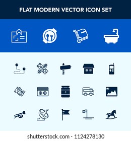 Modern, simple vector icon set with sport, music, bag, road, communication, business, tape, sign, stereo, technology, nutrition, location, identity, global, food, position, cell, space, way, pin icons