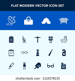 Modern, simple vector icon set with blank, bin, bag, dish, armchair, ocean, garbage, eyeglasses, heater, travel, can, communication, comfortable, camp, eye, modern, tent, interior, antenna, hot icons