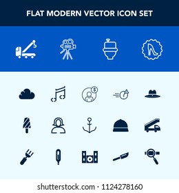 Modern, simple vector icon set with hat, food, office, woman, money, nautical, wc, rudder, account, car, girl, lady, cloud, toilet, helm, accident, elegance, finance, financial, sheriff, sound icons