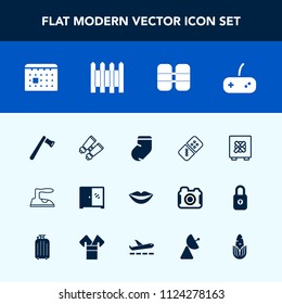 Modern, simple vector icon set with schedule, girl, watch, fashion, construction, winter, axe, white, safe, domestic, warm, socks, ironing, domino, vision, tank, search, beauty, screwdriver, day icons