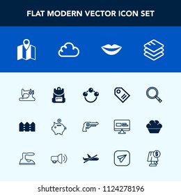 Modern, simple vector icon set with fashion, gun, label, school, travel, fence, teeth, sign, child, tag, rattle, bag, money, investment, pistol, sew, lips, sewing, beauty, technology, revolver icons