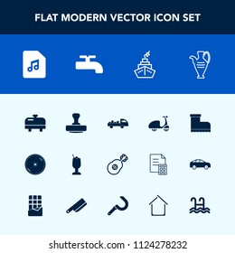 Modern, simple vector icon set with leather, bicycle, music, crane, disk, decoration, musical, sign, drink, white, footwear, bike, stamp, dvd, equipment, bar, cocktail, house, cycle, mark, disc icons