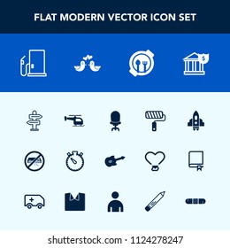 Modern, simple vector icon set with gas, transport, musical, conditioner, business, home, paint, gasoline, timer, clock, pigeon, fuel, child, food, craft, music, love, way, petrol, roller, brush icons