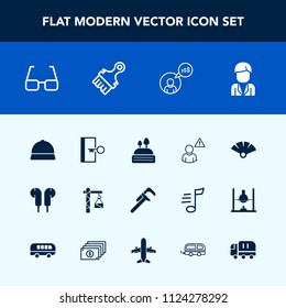 Modern, simple vector icon set with sign, hat, escape, car, online, brush, white, paint, sensu, cake, industrial, traditional, boy, construction, food, saw, eyeglasses, japanese, business, male icons