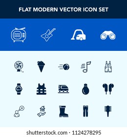 Modern, simple vector icon set with soccer, train, work, smart, video, cleaner, vehicle, transport, gadget, jacket, safety, fan, uniform, clothing, sweet, football, music, time, sign, technology icons