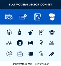 Modern, simple vector icon set with sandbox, internet, food, book, money, graphic, bonfire, shipping, highway, technology, move, phone, soap, milk, hand, style, information, hipster, happy, data icons
