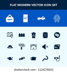 Modern, simple vector icon set with trash, shorts, delivery, template, ancient, open, sign, kitchen, store, pin, paint, white, fashion, travel, roller, wear, refrigerator, recycling, shop, food icons