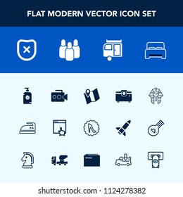 Modern, simple vector icon set with map, frame, security, equipment, bed, circle, child, culture, bedroom, ironing, egyptian, protection, location, projector, travel, iron, video, clothes, road icons