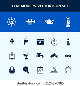 Modern, simple vector icon set with drink, sound, energy, doughnut, thermometer, lighthouse, monster, communication, dessert, internet, alien, sink, cartoon, beacon, house, faucet, red, sweet icons
