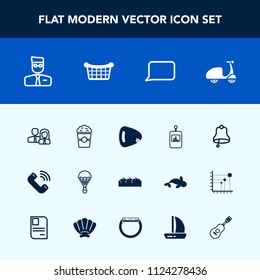 Modern, simple vector icon set with talk, account, business, remote, web, sign, jump, bell, user, bubble, healthy, apple, cup, food, control, drink, musical, alarm, box, parachute, sport, staff icons