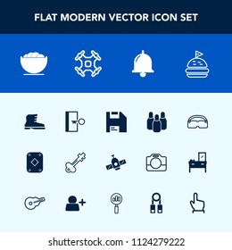 Modern, simple vector icon set with bowling, alarm, play, escape, vintage, space, sport, orbit, style, door, tomato, white, bowl, ball, dish, technology, aerial, footwear, key, drone, helicopter icons