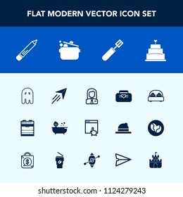 Modern, simple vector icon set with people, ghost, stationery, employer, double, fashion, leather, kitchen, plane, internet, bed, bath, oven, bag, paper, employee, job, click, shower, scary, web icons