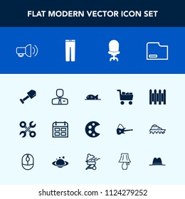 Modern, simple vector icon set with employer, reparation, protection, clothes, employee, equipment, shovel, industrial, megaphone, paper, pants, file, business, fish, cart, drawing, service, day icons