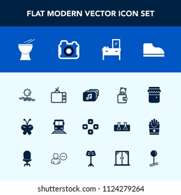 Modern, simple vector icon set with train, computer, tv, fashion, home, dollar, transportation, technology, money, business, photography, musical, camera, wallet, game, glass, video, travel, sun icons