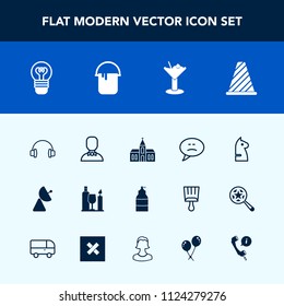 Modern, simple vector icon set with message, stereo, lightbulb, horse, background, religion, audio, signal, glass, bubble, game, male, profile, bar, interior, house, bulb, strategy, chessboard icons