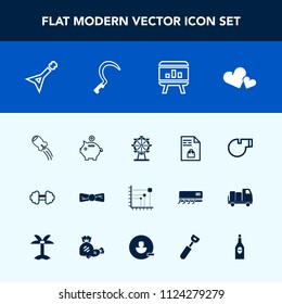 Modern, simple vector icon set with bank, notebook, finance, shopping, space, bow, musical, market, workout, list, coin, elegance, park, heart, guitar, diagram, investment, fitness, eye, object icons