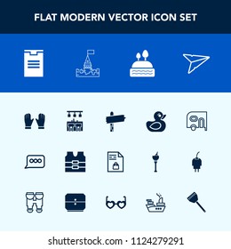 Modern, simple vector icon set with sign, castle, notebook, cake, supermarket, delivery, email, arrow, protective, clothing, box, van, package, building, speech, play, child, direction, list icons