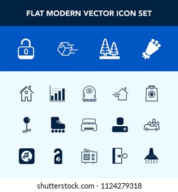 Modern, simple vector icon set with tree, leisure, beautiful, cartoon, estate, bed, map, rent, unlock, protection, furniture, bedroom, security, home, character, skating, sport, buy, lock, skate icons