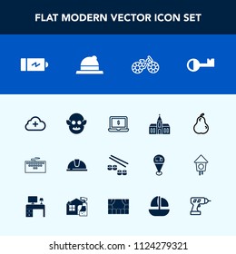 Modern, simple vector icon set with cycle, construction, fish, architecture, key, work, religion, laptop, battery, bicycle, safety, religious, electricity, add, seafood, church, notebook, helmet icons