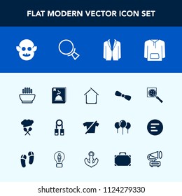 Modern, simple vector icon set with find, retro, bow, home, person, clothes, gramophone, alien, estate, ufo, food, suit, soup, training, house, fashion, restaurant, gift, search, style, ship icons