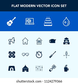 Modern, simple vector icon set with abstract, coffee, universe, cosmos, white, drop, supermarket, speaker, music, asia, cart, rain, announcement, time, pagoda, travel, food, timer, building, sun icons