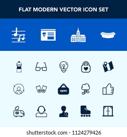 Modern, simple vector icon set with sport, open, religion, underwater, shop, bulb, sausage, bag, cleaner, eyeglasses, person, leather, note, building, road, travel, electricity, summer, object icons