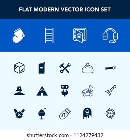 Modern, simple vector icon set with tool, exploration, clothes, science, energy, template, flashlight, adventure, space, wrench, fashion, bank, support, packaging, power, camp, socks, technology icons
