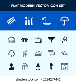 Modern, simple vector icon set with rain, shape, mask, clothes, ocean, comfortable, stereo, beach, snorkel, chair, clean, headset, domestic, tv, umbrella, weather, interior, service, center, air icons