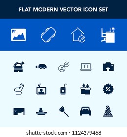 Modern, simple vector icon set with tv, upload, computer, television, glass, table, home, frame, carriage, baby, photo, skate, beverage, profile, skateboard, house, map, sign, technology, office icons